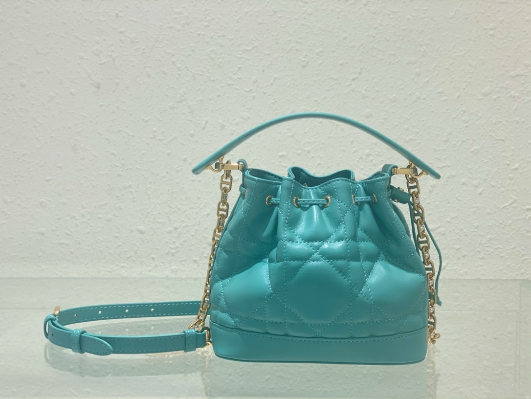 Small Dior Jolie Bucket Bag Aquamarina Macrocannage Lambskin and Calfskin